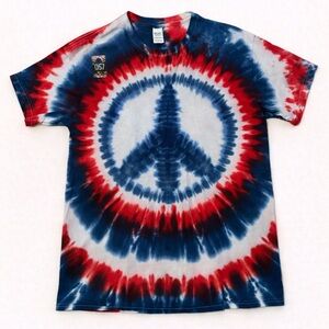 Gildan Tie Dye Peace Sign T-Shirt Red White Blue 100% Cotton Unisex L